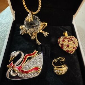 Swarovski Vintage Swan Brooch + Heart Pendant + Frog Pendant w/Chain